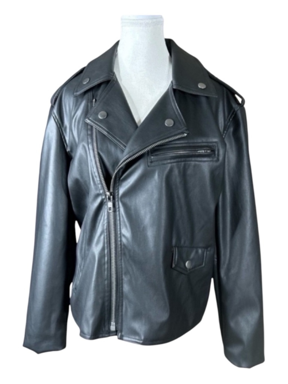 BAR Ill Black Vegan Leather Moto Jacket, Zippers Work, Size MP.